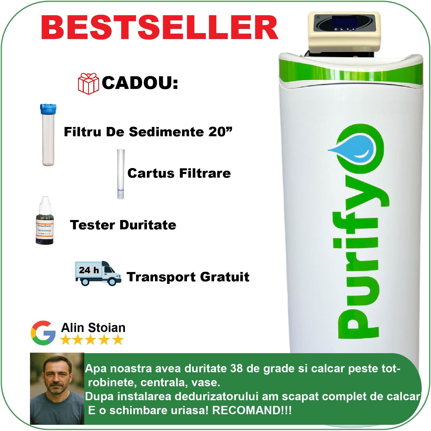 Statie Dedurizare Purifyo 26 Litri +CADOU: Carcasa filtru, Tester duritate,Cartus tratare