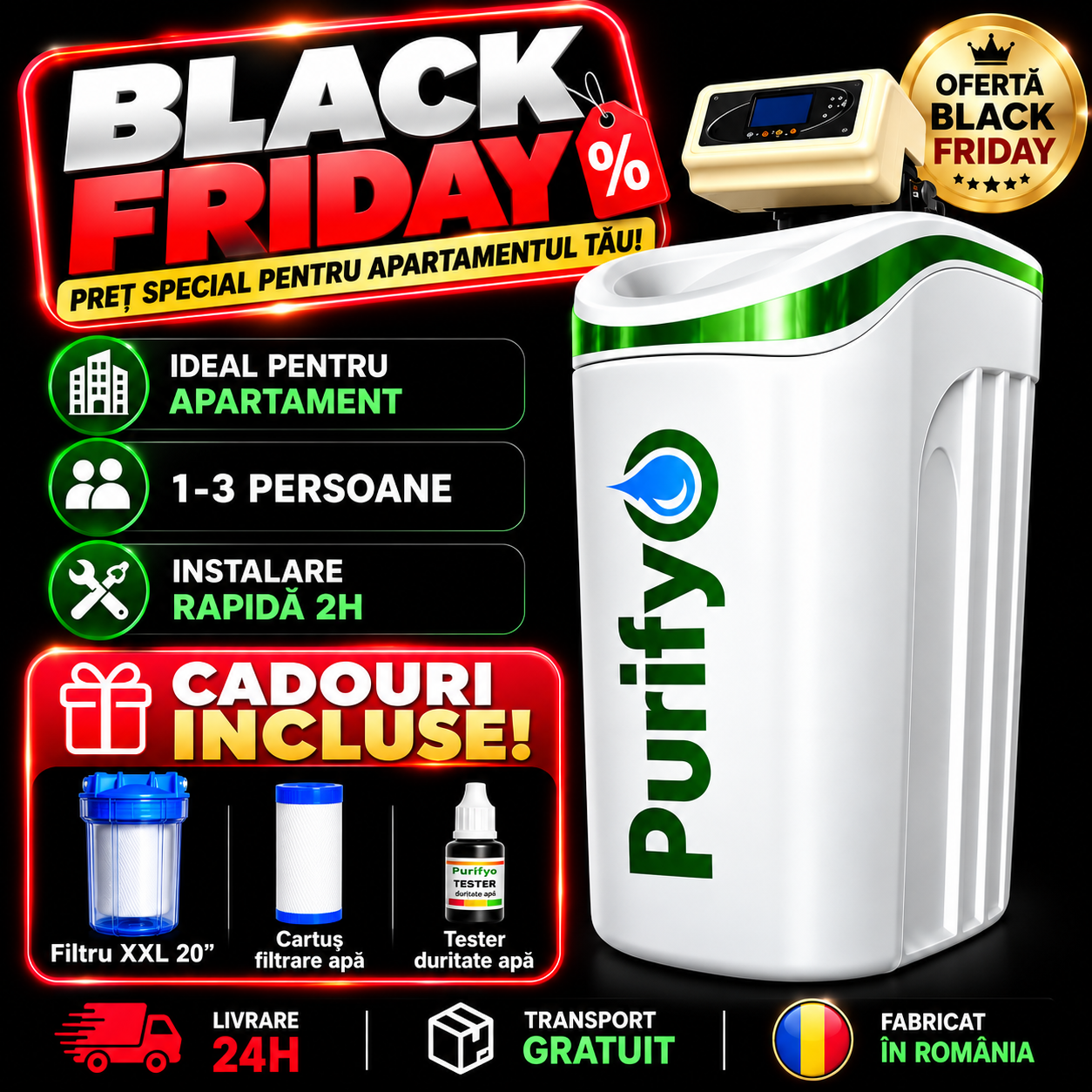 Dedurizator Purifyo SDP 11 Litri+ CADOU: Carcasa filtru, Tester duritate, Cartus tratare