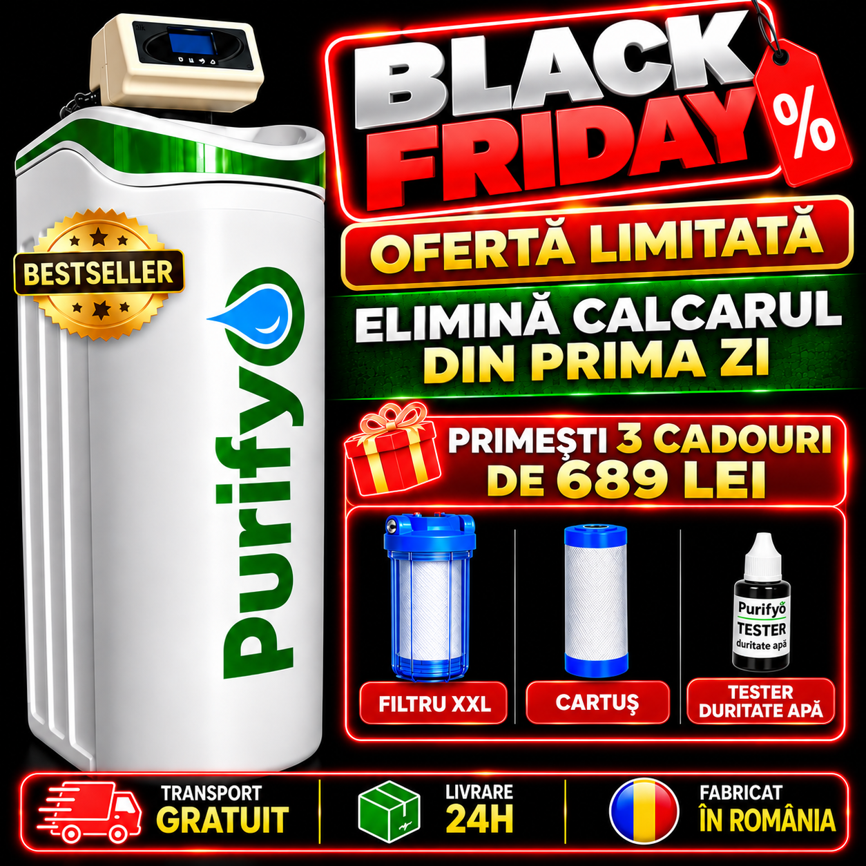 Statie de dedurizare, Dedurizator apa profesional Purifyo 30L , 6-8 pers., 7 robineti simultan, meniu in romana, Cadou Filtru XXL, tester si transport gratuit