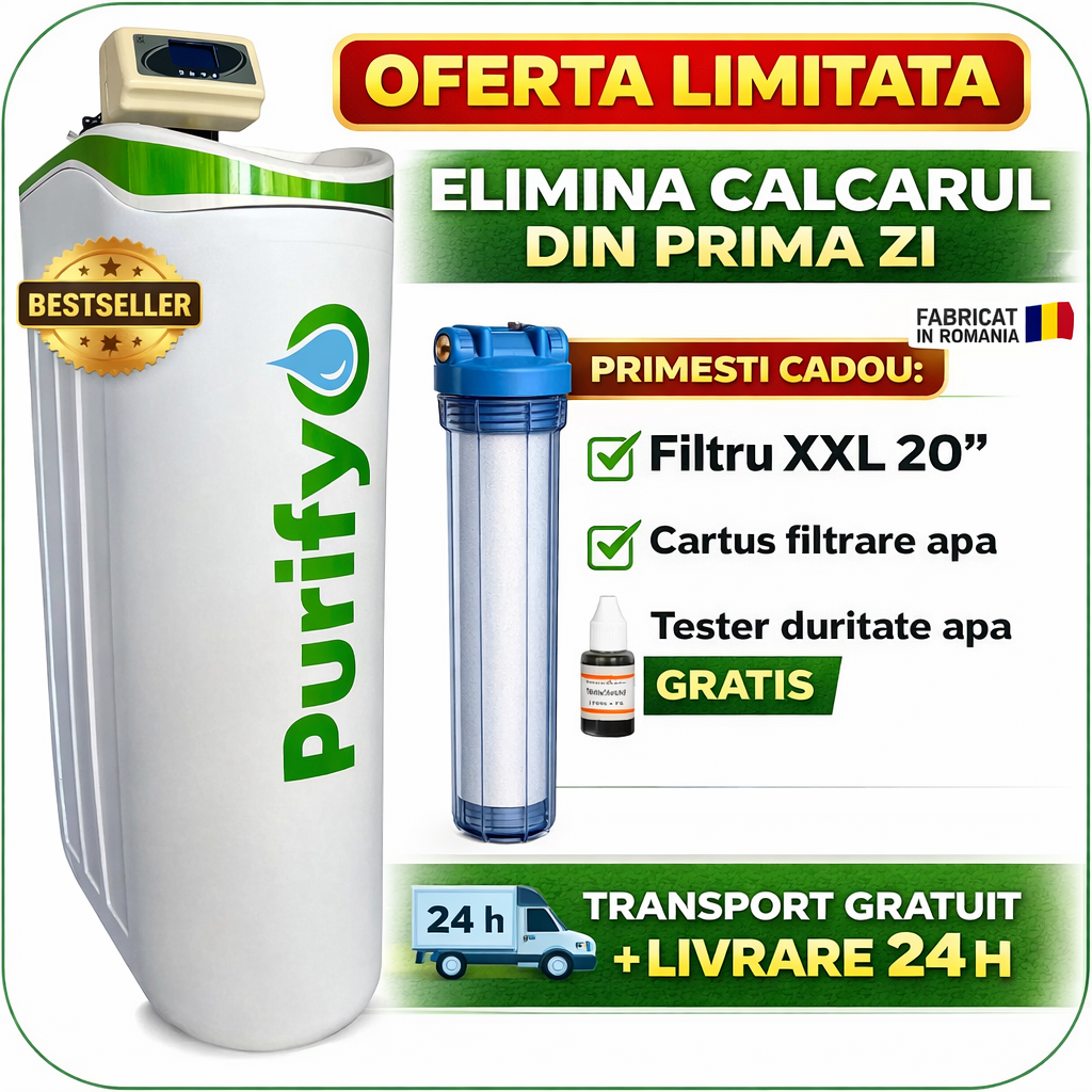 Statie de dedurizare, Dedurizator apa profesional Purifyo 30L , 6-8 pers., 7 robineti simultan, meniu in romana, Cadou Filtru XXL, tester si transport gratuit