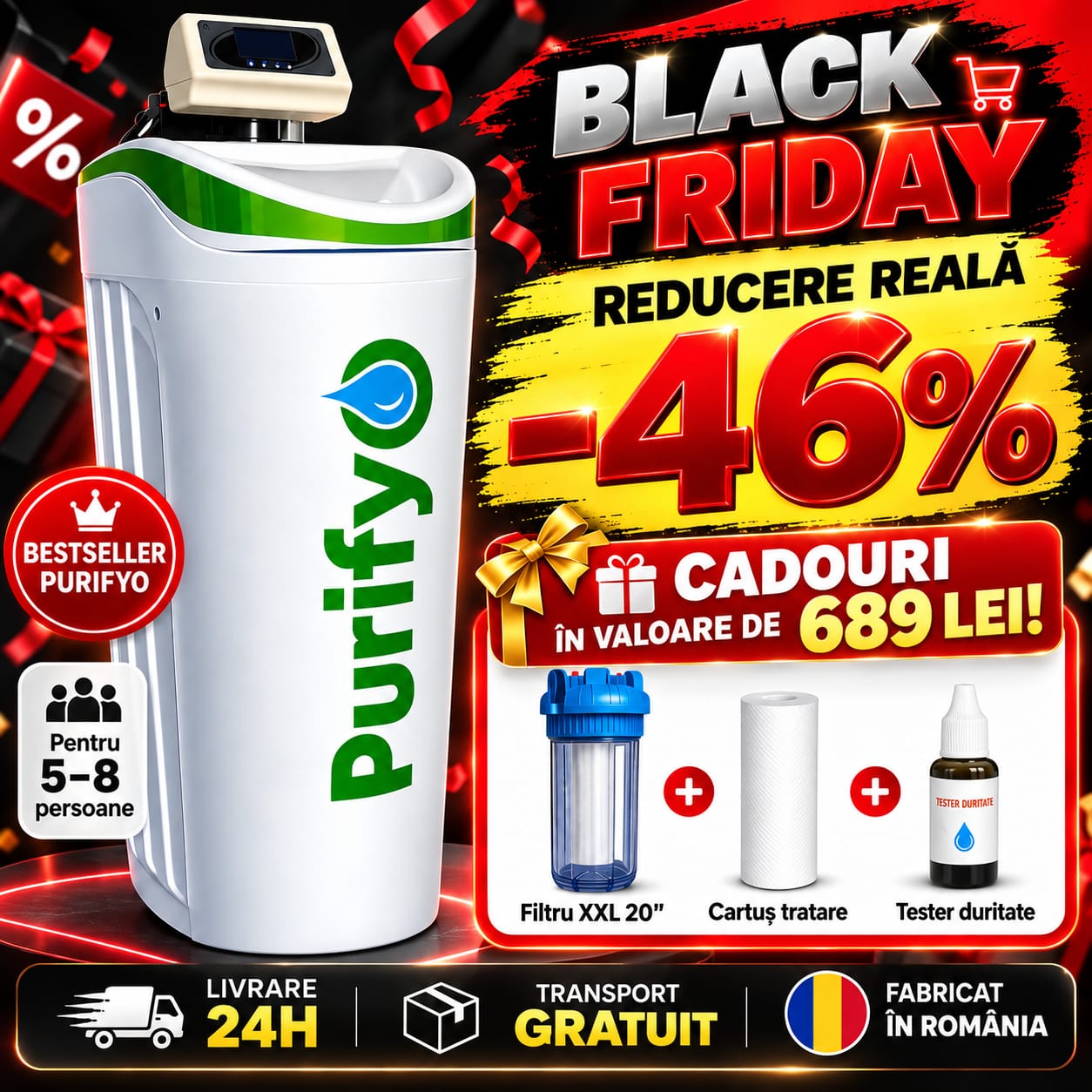 Statie Dedurizare Purifyo 26 Litri, 5-8 persoane, dedurizator apa automat,volumetric  +CADOU: Carcasa filtru, Tester duritate,Cartus tratare