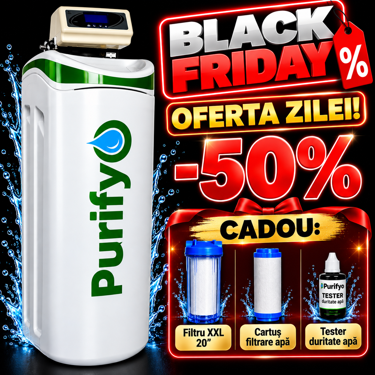 Dedurizator Purifyo SDP 20 Litri + CADOU: Carcasa filtru, Tester duritate, Cartus filtrare