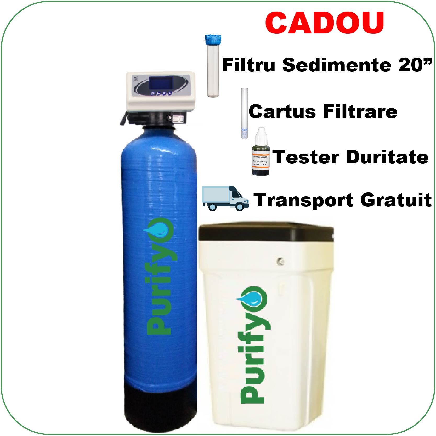 Dedurizator Purifyo SDP 15 L Dublu Corp+ CADOU: Carcasa filtru, Tester duritate, 2 Cartuse tratare