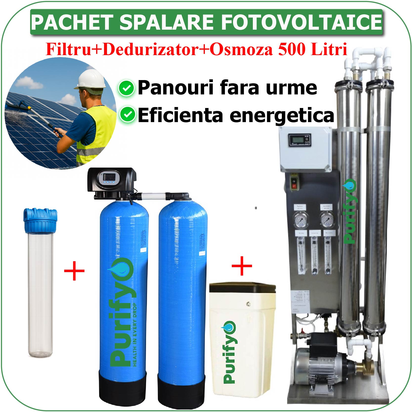 Pachet Spălare Fotovoltaice- Dedurizator Duplex Purifyo 35 Litri + Osmoza Inversă Industrială 500 Litri/h