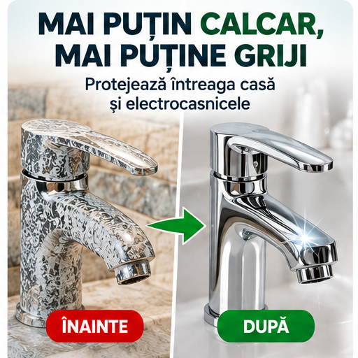 Dedurizator apă Purifyo 26 litri - comparație înainte și după, reducerea depunerilor de calcar pe robinete