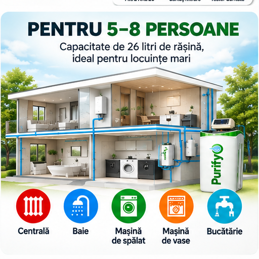 Dedurizator Purifyo 26 litri pentru 5-8 persoane, protecție împotriva calcarului pentru centrală, baie, bucătărie și electrocasnice