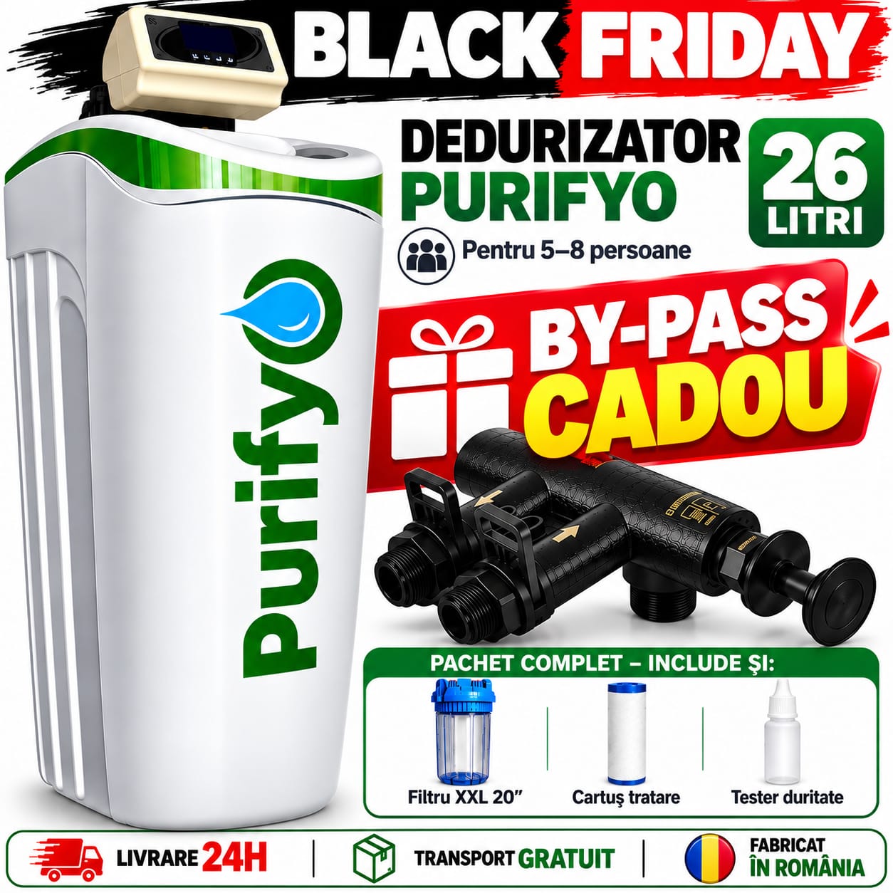 Dedurizator Purifyo 26 litri + Cadou By Pass
